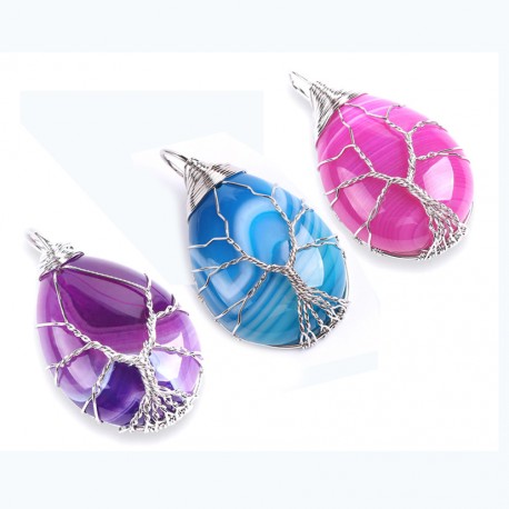 Veins Agate Waterdrop Pendants Tree of Life Wire Wrap Necklace