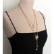 Long Gold Color Metal Necklace With Two Flowers with Seashell