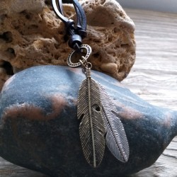 Leather Necklace with Metal Feather Pendant