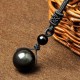 Collar unisex de cuerda natural trenzada con colgante de esferas de Obsidiana