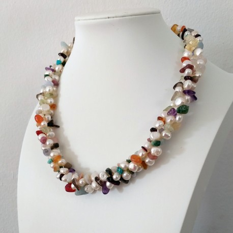 Triple Strand Freshwater Pearl Necklace with Mixed Semiprecious Stones