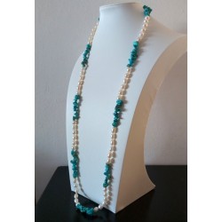 Oval White Cultured Pearls and Blue Turquoise Long Necklace