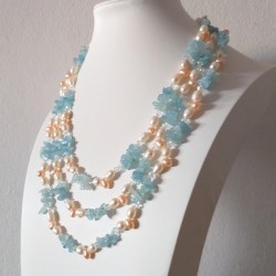 Freshwater Pearls and Aquamarine Long Strand Necklace