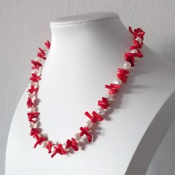 Freshwater White Pearl and Red Stick Coral Necklace