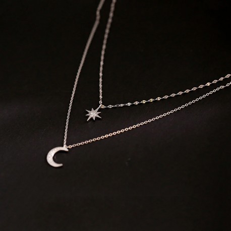 Minimalist Style Silver Double Layer Star Moon Charm Necklace