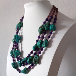 Original Rough Turquoise and Faceted Amethyst Beads Necklace