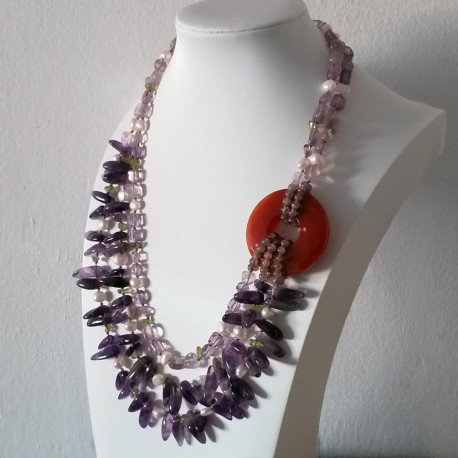Handmade Unique Jewelry Necklace with Amethyst, Red Agate & Pearls