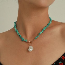 Collar de moda de piedras azules y colgante perla grande