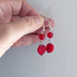 Silver Hook Earrings with Natural Red Agate and Coral