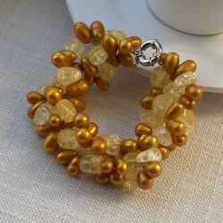 Pulsera de citrino y perlas naturales doradas