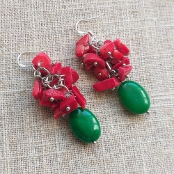 Pendientes artesanales de Coral Rojo y Jade Verde