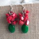 Handmade Natural Red Coral and Green Jade Earrings with Silver Hook