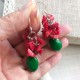 Handmade Natural Red Coral and Green Jade Earrings with Silver Hook