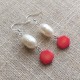 Silver Hook Earrings with Natural Baroque Pearl and Red Coral