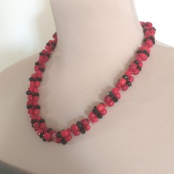 Natural Red Coral Beads and Black Crystals necklace