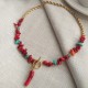 Natural Bamboo Coral and Turquoise Chip Beads Gold Metal Necklace