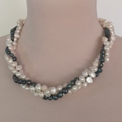 Twisted three Layers Necklace with White and Black Natural Pearls