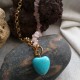 Natural Rose Quartz Chips Beads Necklace with Golden Metal Chain and Turquoise Heart
