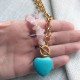 Natural Rose Quartz Chips Beads Necklace with Golden Metal Chain and Turquoise Heart