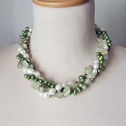 Multi Strands White And Green Freshwater Pearl And Green Rutilated Quartz Twisted Necklace