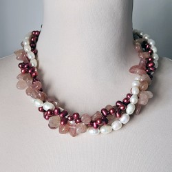 Multi Strands White And Purple Red Freshwater Pearl And Strawberry Quartz Twisted Necklace