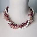 Multi Strands White And Purple Red Freshwater Pearl And Strawberry Quartz Twisted Necklace