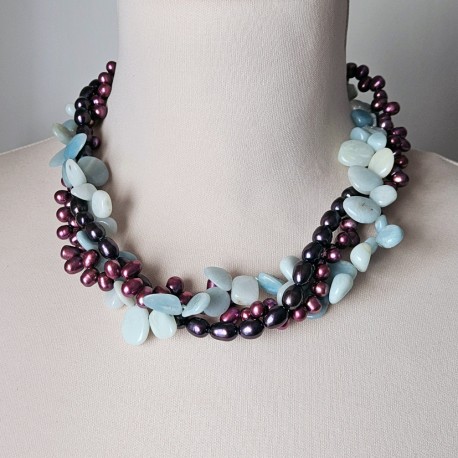 Multi Strands Dyed Freshwater Pearl And Amazon Stone Twisted Necklace
