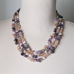 Three Strands Pearl And Amethyst And Strawberry Quartz Necklace