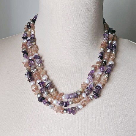 Collar de Amatista, Cuarzo "Strawberry" y Perlas